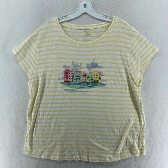 Talbots Blouse Top Women 2X Yellow White Stripe Round Neck Pullover Short Sleeve - Picture 1 of 9